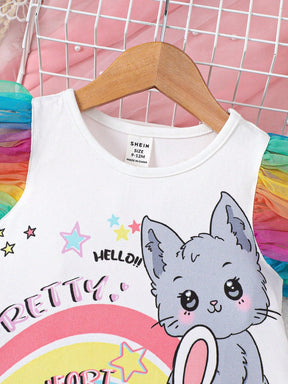 Vestido Camiseta Arco-íris com Personagens