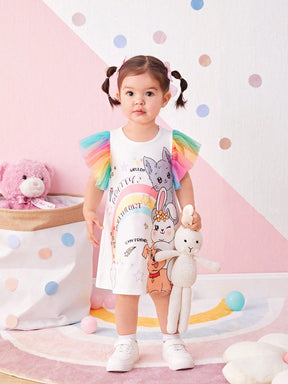 Vestido Camiseta Arco-íris com Personagens