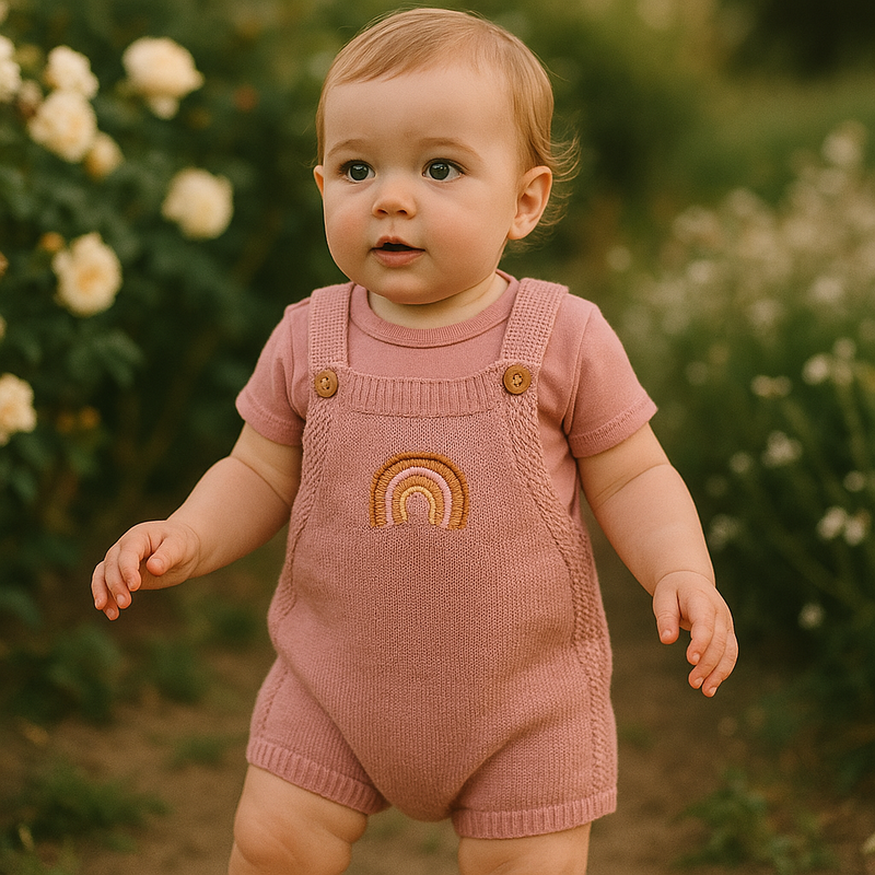 Jardineira Rosa Tricot  Arco Íris