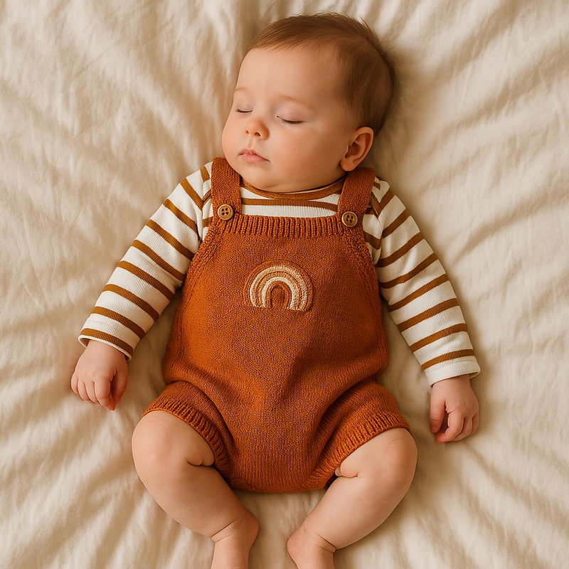 Jardineira Marrom Tricot Arco Íris