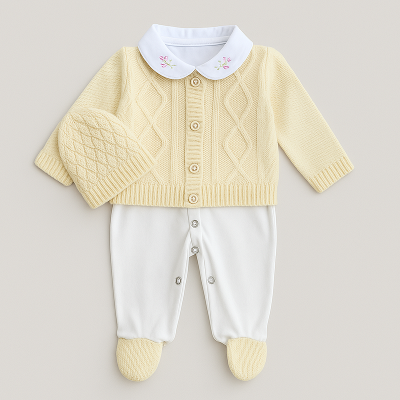 Kit Saída Maternidade 4 Peças Tricot Flores Amarelas