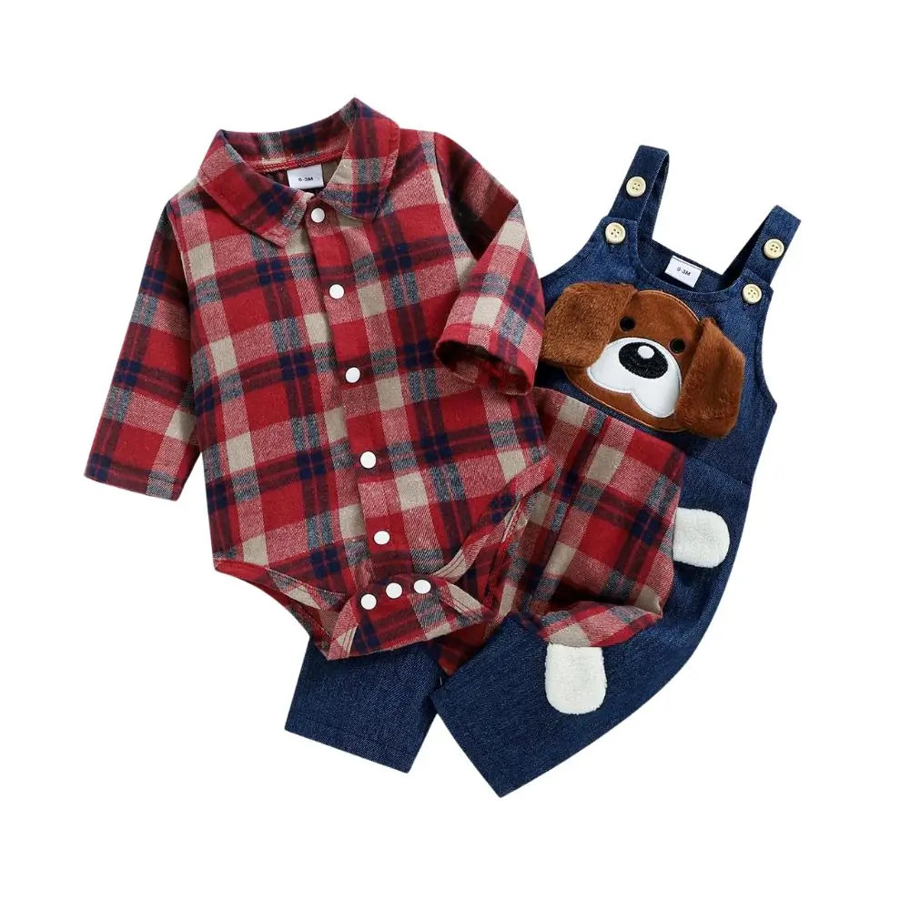 Conjunto Camisa Xadrez e jardineira
