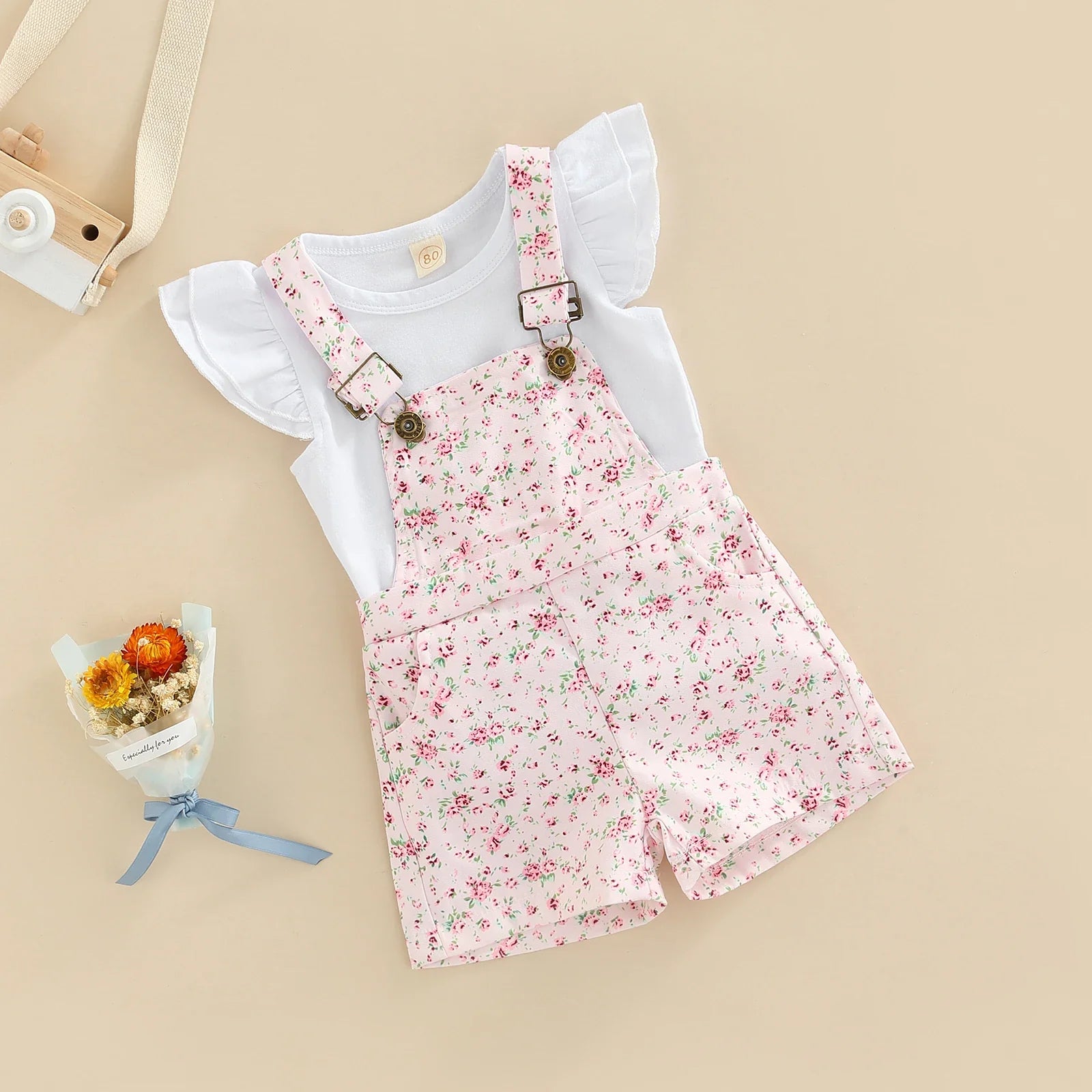 Jardineira Infantil Flor de Algodão Conjunto Pureza